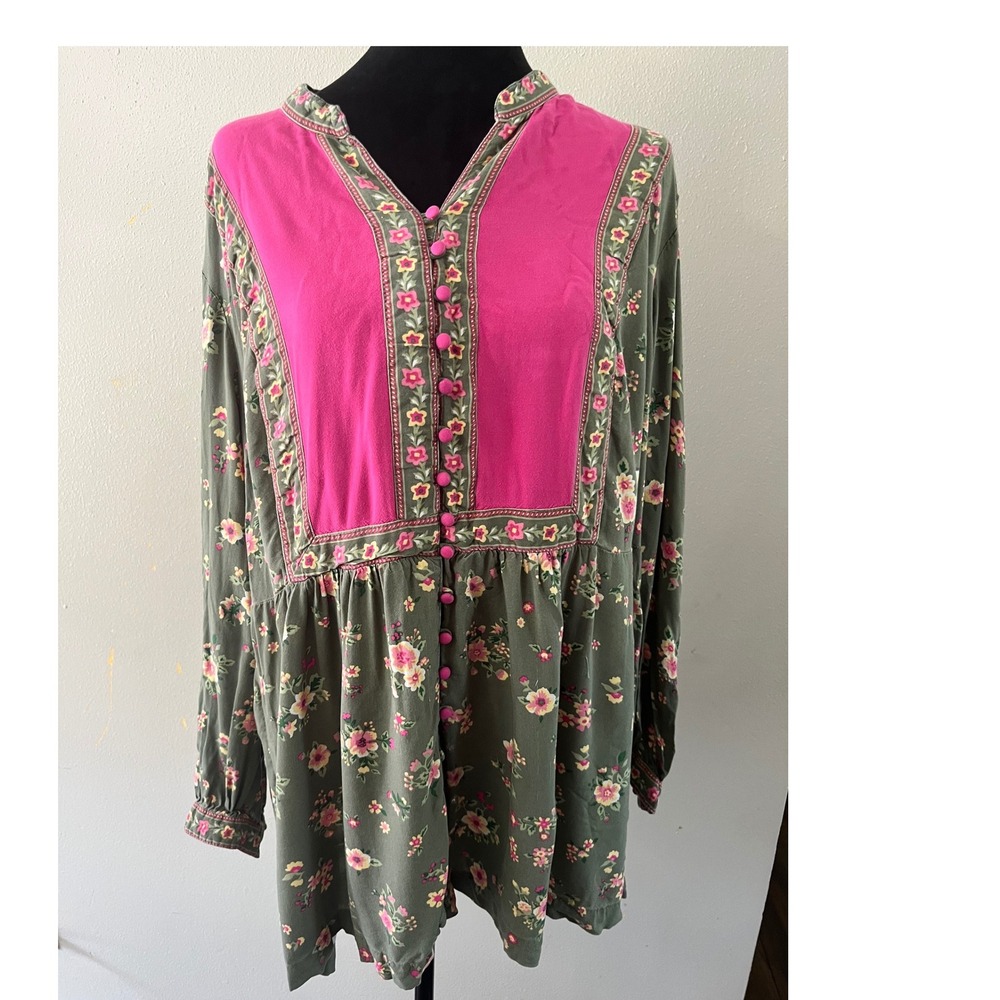 WOMAN WITHIN Tunic Blouse Floral Boho Babydoll Women L 18/20 Green Pink Rayon
